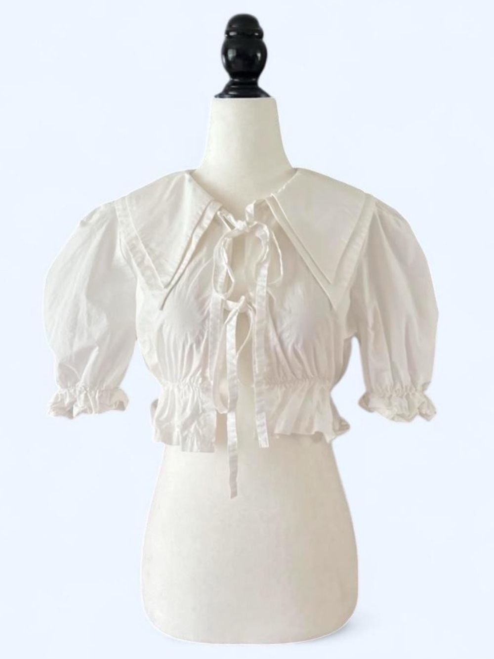 White Puff Sleeve Tie-Front Crop Top S Statement Collar Coquette Milkmaid